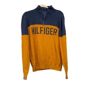 Tommy Hilfiger Mens Large Quarter Zip Color Block Sweater Gold Blue Long Sleeve‎